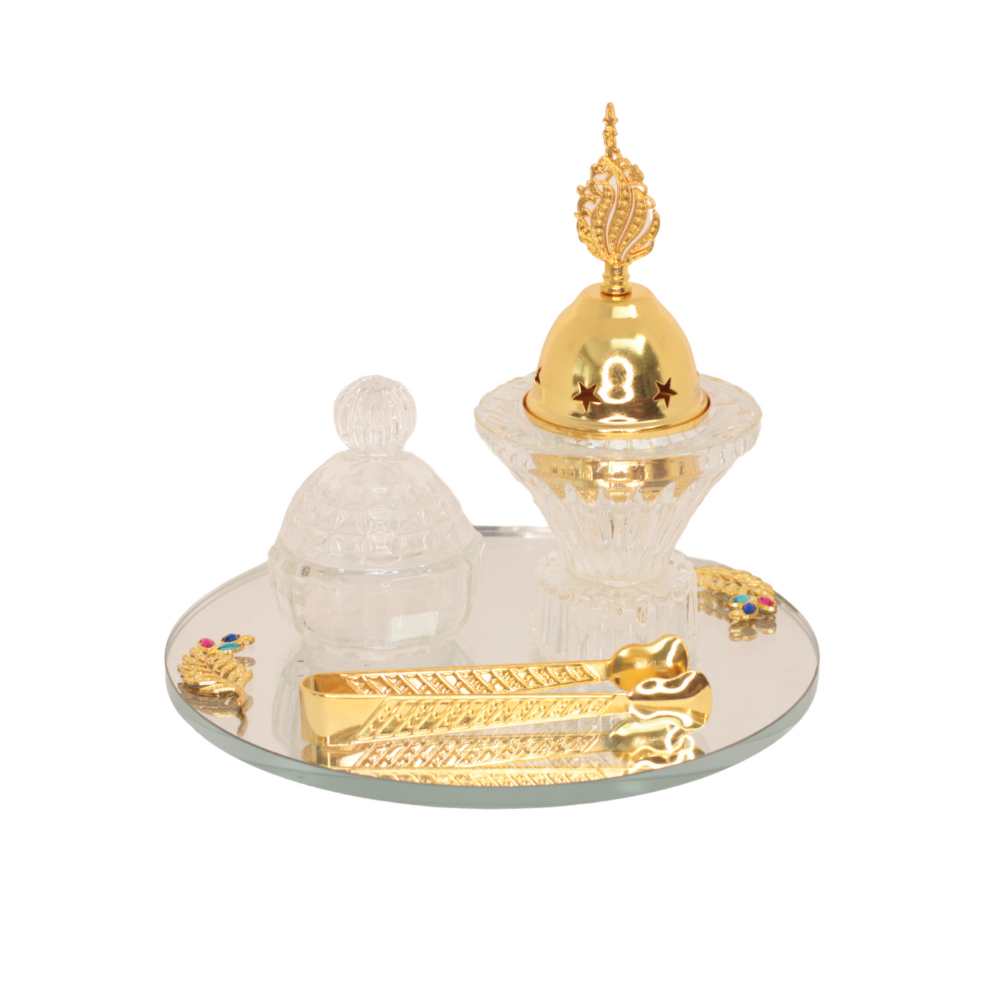Scented Traditions: Mirror Tray with Traditional Incense Burner, Tong & Glass Jar