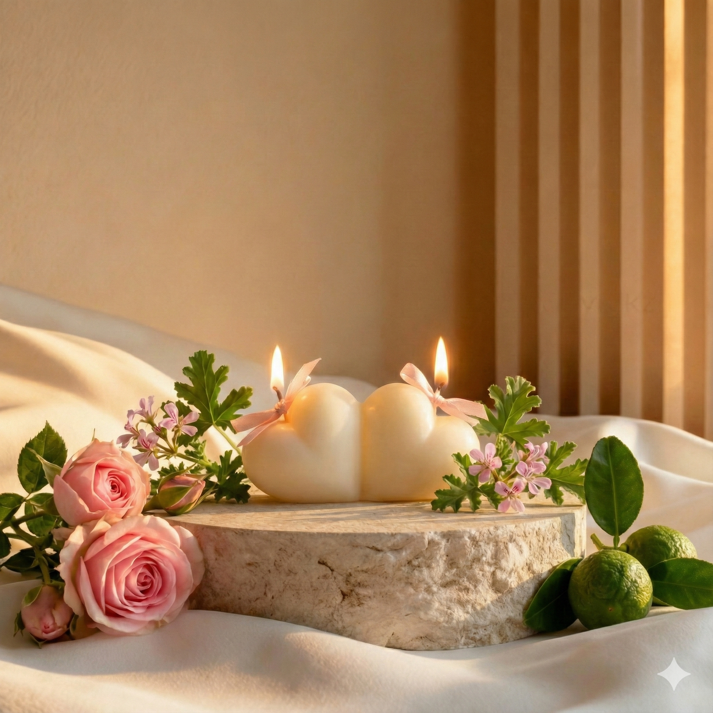 Two white candles on a stone surface with pink roses and green leaves, set against a neutral background.