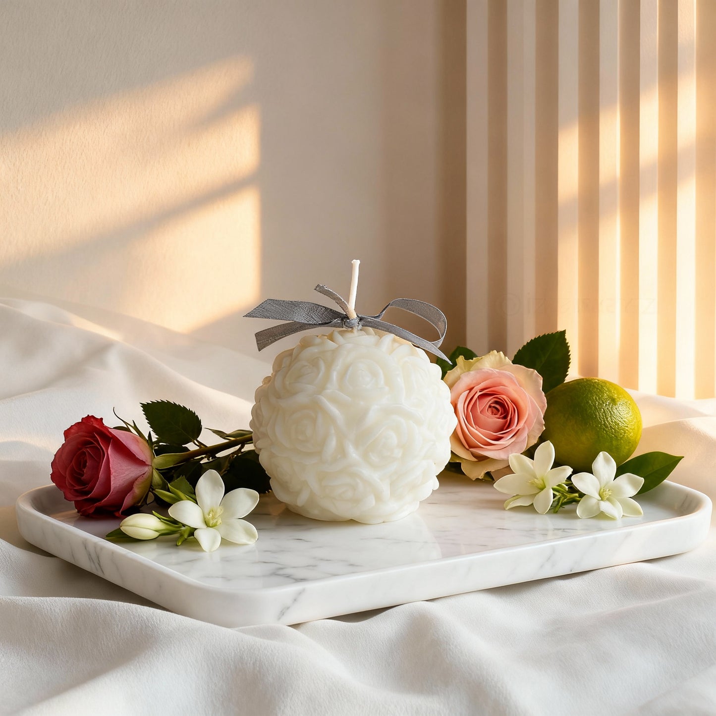 White decorative ball with a ribbon on a marble tray with flowers and a lime.