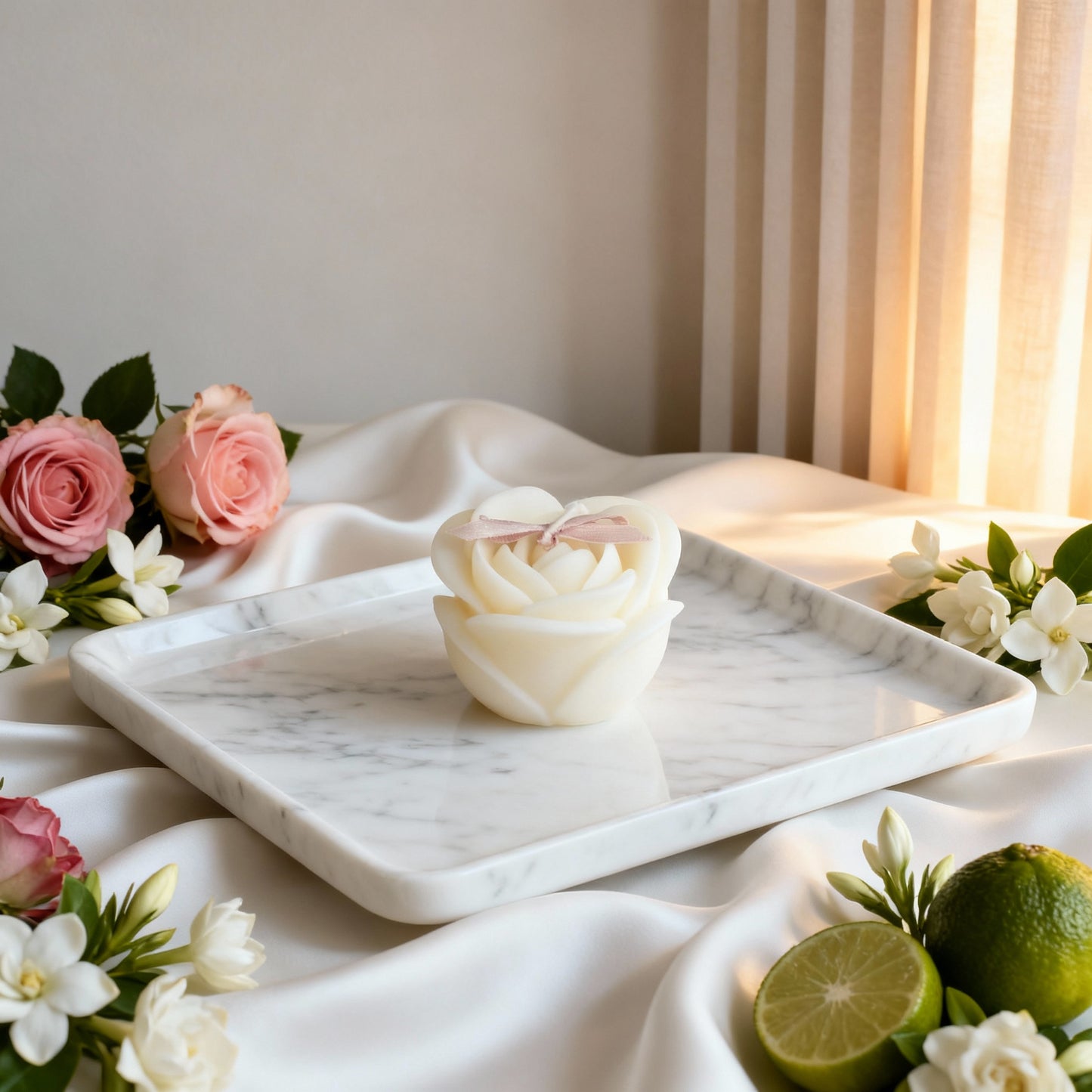 Marble tray with a white rose, surrounded by flowers and limes on a light fabric background.