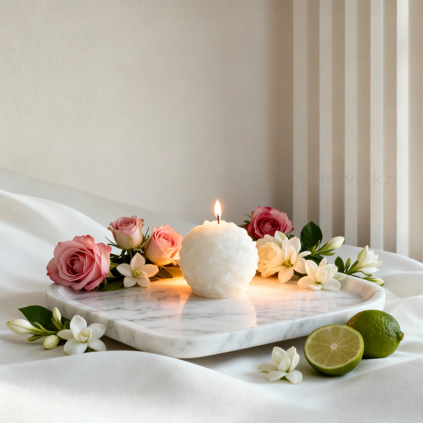 Candle on a marble tray with flowers and limes on a white surface