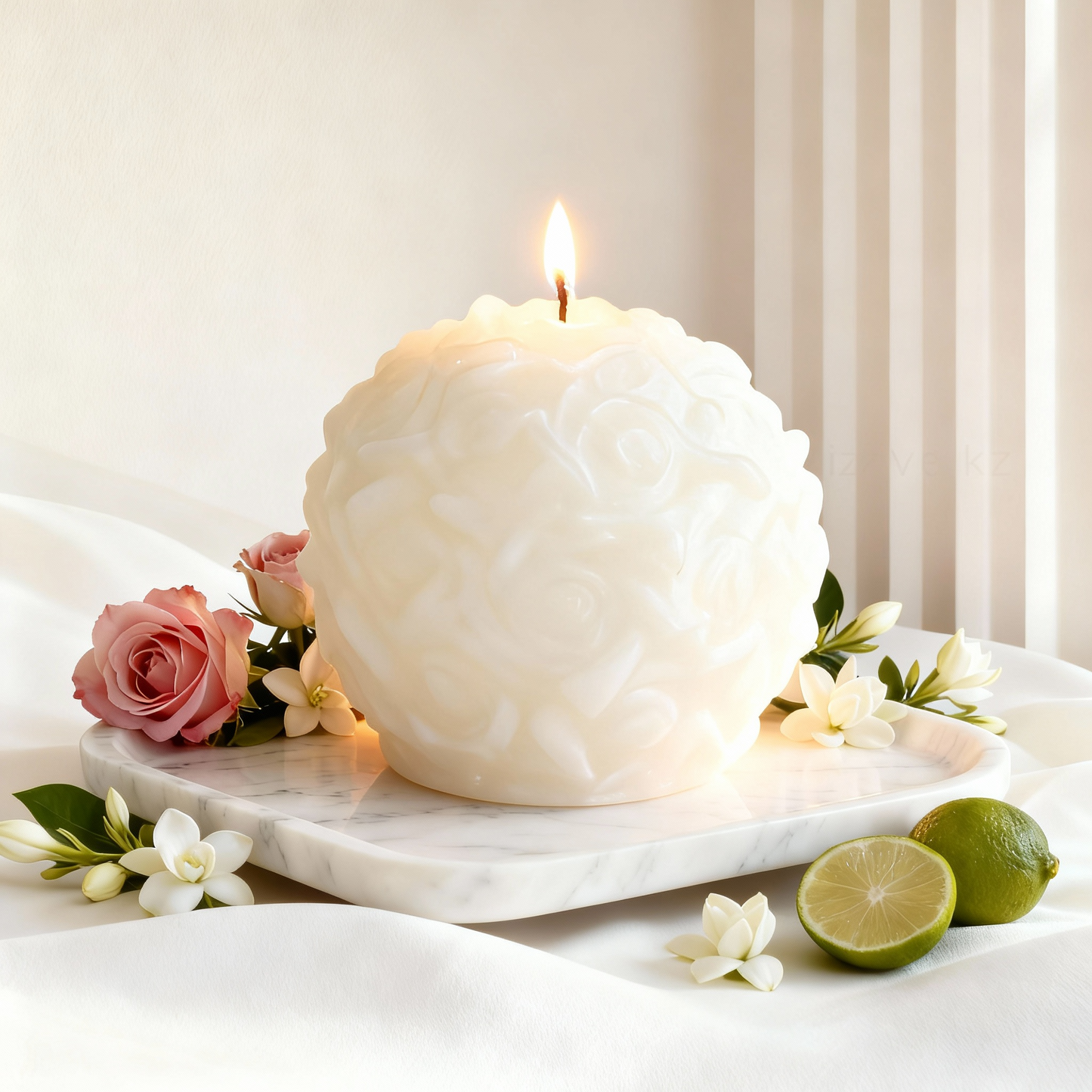 White textured candle with a lit wick on a marble tray surrounded by flowers and limes.